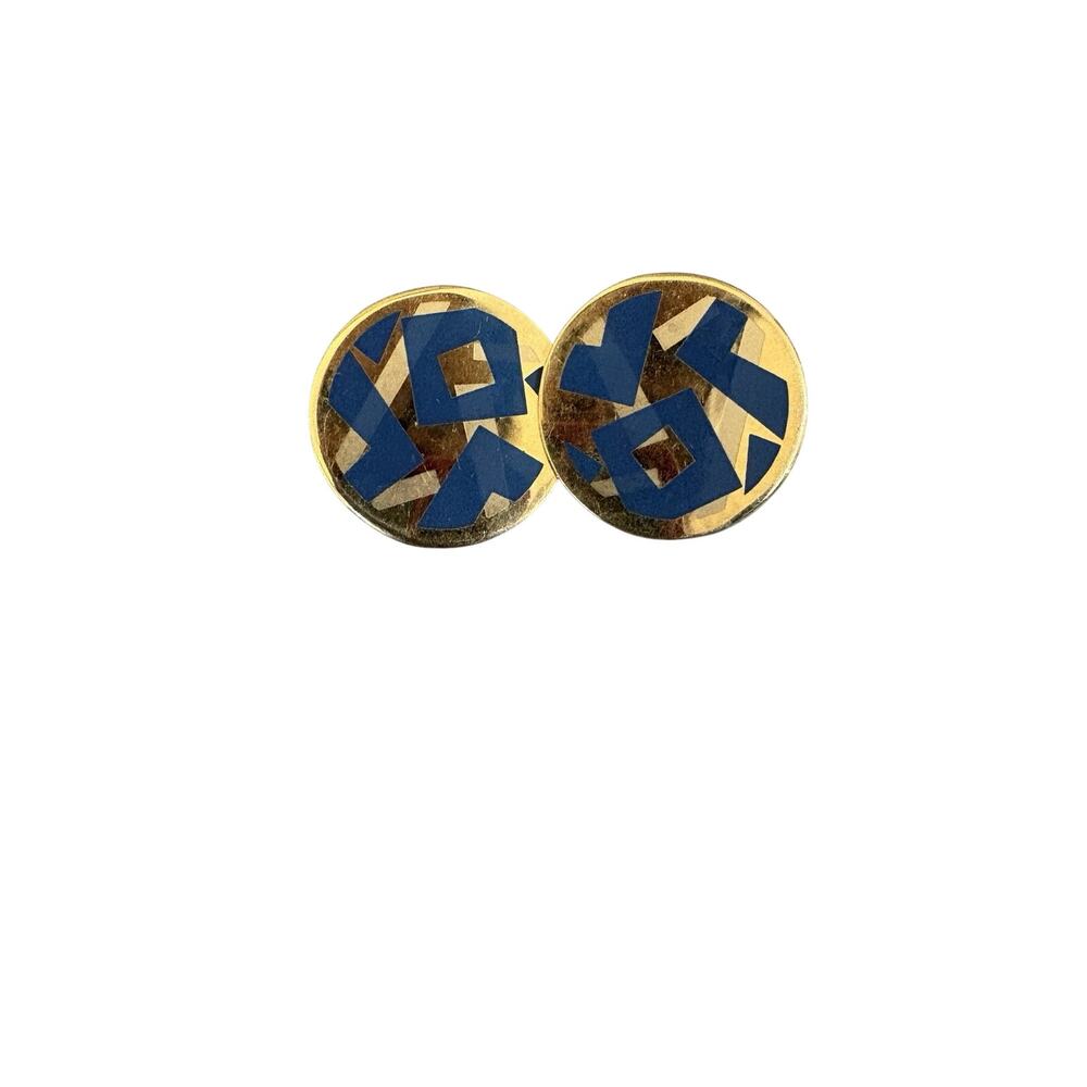Vintage 1980's Avon Round Gold Tone Metal Abstract Blue Enamel Clip Earrings - Picture 6 of 6